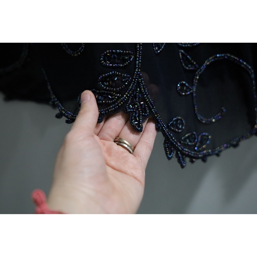J Kara Navy Blue Beaded Asymmetrical Evening Blouse Petite 18P Iridescent Scroll - Picture 9 of 9